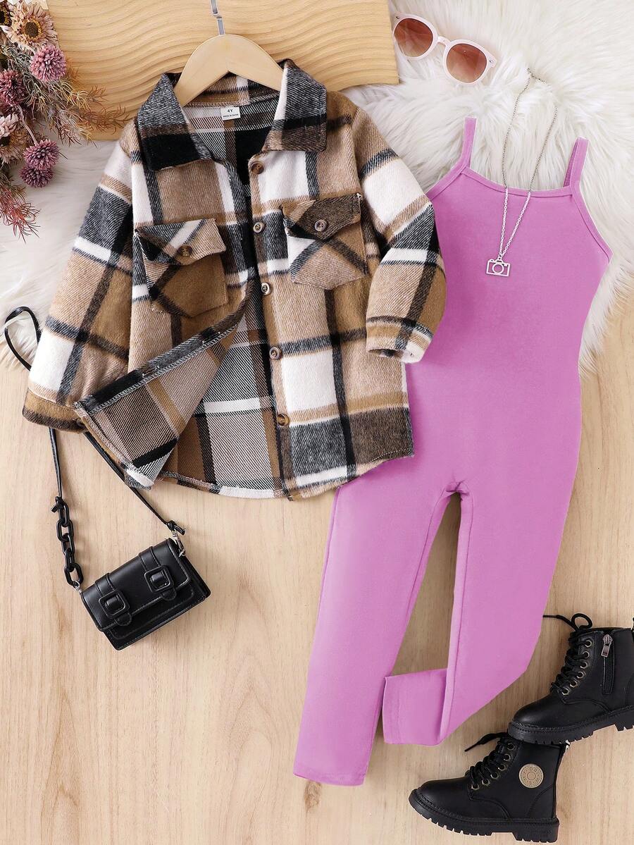 SHEIN 2件組少女復古格紋襯衫外套與休閒簡約吊帶連身褲套裝,春秋款 - 紫色 - 查看 1