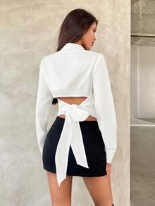Aloruh Blusa blanca de manga larga con cuello alto, ajuste ceñido, con abertura frontal y sin espalda, ideal para la oficina, el trayecto diario y el uso diario, nueva colección de otoño/invierno para mujer - Blanco - Ver 8