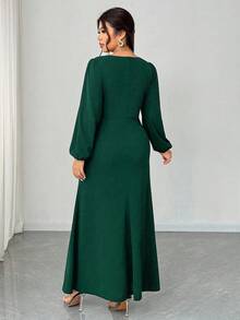Elenzga 大码女式优雅 V 领长袖裹身开衩修身长裙，适合宴会、派对、婚礼宾客，春/秋/冬 - 墨綠色 - 查看 3