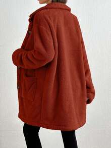 SHEIN Tall Front Pocket And Button Detailed Hooded Very Cozy And Soft Faux Fur Women Coat - Redwood - View 2