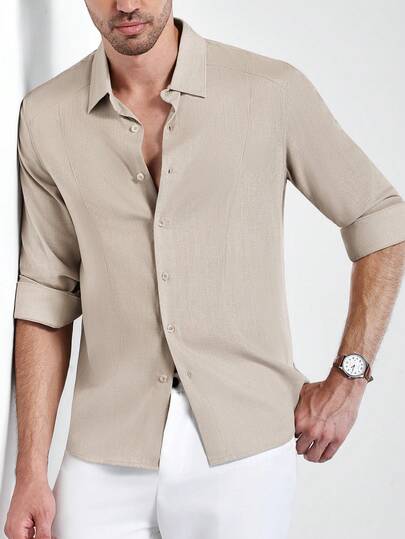 Manfinity Homme 2025 Autumn. Minimalist Style. Linen Blended Long Sleeve Shirt
