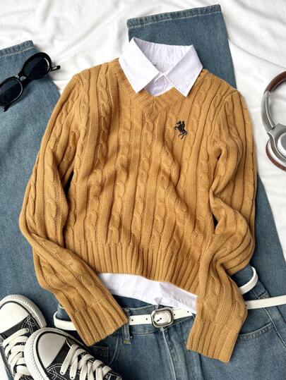 SHEIN Plusstorlek flicktröja med hästbroderi, lös och bekväm, avslappnad passform, tjock och mjuk och mysig för vintern, lämplig för hemmet, utflykter, semester, jul, halloween, nyårsfester