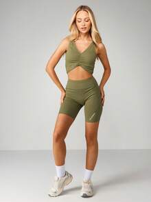 Missguided x Playboy High-Waisted Cycling Shorts With Logo Branding Athletic Bermuda Style Mid-Thigh Length Performance - Army Green - View 4