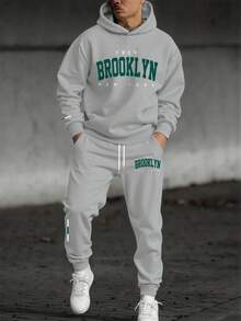 Manfinity Homme 男士纽约标语印花保暖休闲卫衣和运动裤套装（2件套），秋冬男装
