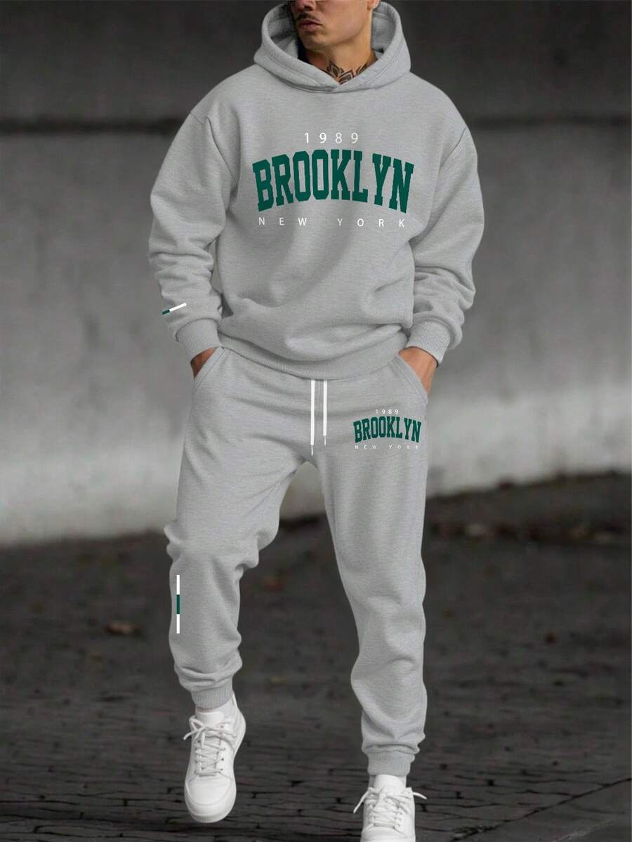 Manfinity Homme 男士纽约标语印花保暖休闲卫衣和运动裤套装（2件套），秋冬男装