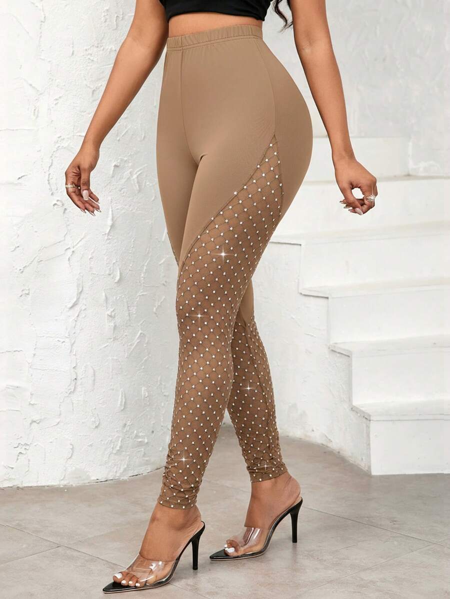 SHEIN Lady Sequined Mesh Spliced ​​Women's Leggings, Elegant And Sexy For Everyday Use In All Seasons Mesh Leggings Rhinestone Pants See Through Leggings Tights See Through Pants Mesh Pants - Brown - View 1