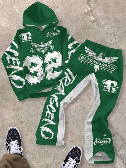 2pcs Boys Graphic Hoodie And Sweatpants Set - "Beyond Limits 32" Bold Eagle Streetwear | Motivational Fall Winter Outfit For Teens Tween, Casual Loose Fit Crew Neck Long Sleeve And Pants Set Suitable For Autumn/Winter