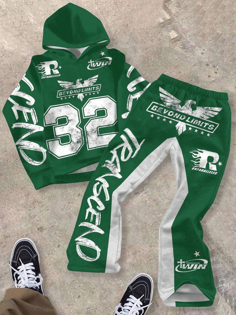 2 件男童图案连帽衫和运动裤套装 - “超越极限 32”大胆老鹰街头服饰 | 青少年秋冬励志服装，休闲宽松圆领长袖和裤子套装，适合秋冬季 - 彩色 - 查看 1