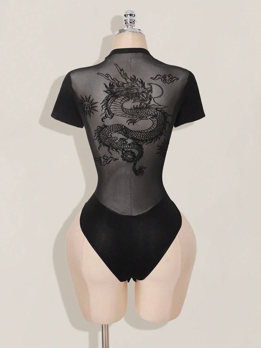 SHEIN ICON 图案外出垃圾摇滚透明时尚性感龙纹印花植绒网眼短袖紧身衣 - 黑色 - 查看 1