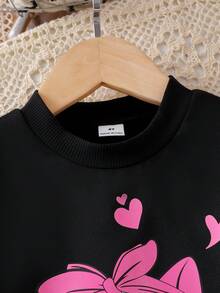 Elladie kids 小女孩可爱日常穿搭，猫咪印花圆领长袖灰色上衣，粉色爱心印花黑色裤子，儿童秋季休闲装 - 粉色 - 查看 5