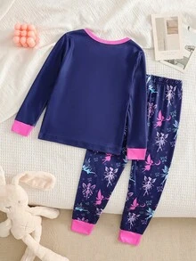 Snug Fit Pajama Set For Young Girl,  Dark Blue Pink Blue Dreamy Fairy Glow-In-Dark Fiber Fitted Loungewear 2-Piece Combo Dreamy Fairy Wings Stars Glow-In-Dark Design Dark Blue Pink Blue Fairy Color Round Neck Long Sleeve Dreamy Fairy Top Glow-In-Dark Fiber Fitted Pants Fiber Set 2-Piece Combo Social Media Style Dreamy Fairy 2026 New Year Holiday Essential Spring Summer Autumn Winter Little Girls Dreamy Fairy Glow-In-Dark .This Product Requires UV Light Exposure To Glow.
