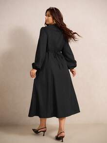 Elaquor Robe élégante à manches lanternes et boutons devant pour femmes grandes tailles - Noir - Voir 2