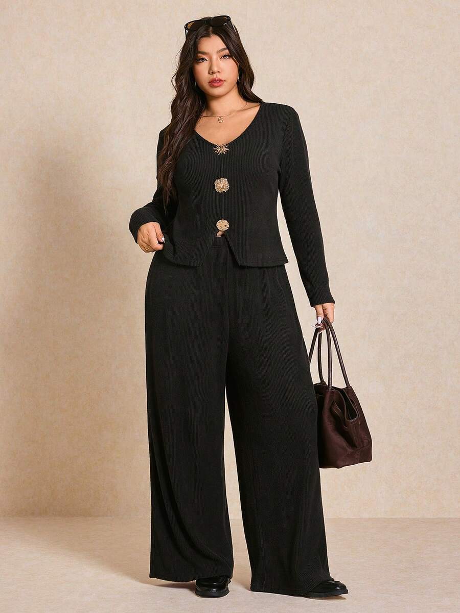 Elaquor Conjunto de top de manga larga con cuello en V y botones y pantalones de unicolor en talla grande - Negro - Ver 1