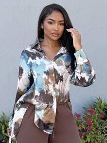 Alexandranx Retro High-End Palette Oil Painting Print Satin Long Sleeve Women Blouse Elegant Business Casual Women Button Up Shirt Women  - Multicolor - View 5