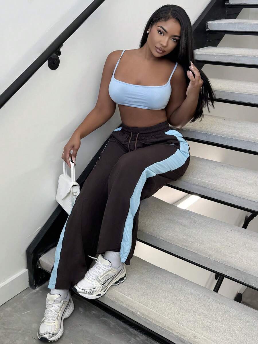 Alexandranx Drawstring Waist Nylon Contrast Panel Wide Leg Tracksuit Bottoms Only Spring Airport, Casual The Book Shop Christmas Fall Autumn Winter - Brown - View 1
