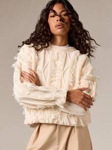 AiiRZ Cable Knit Sweater With Fringe Detail Long Sleeve Pullover For Fall Winter - Apricot - View 1