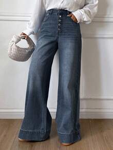 Livesso 女式高腰宽松破洞长款牛仔裤 - 深色水洗藍 - 查看 4