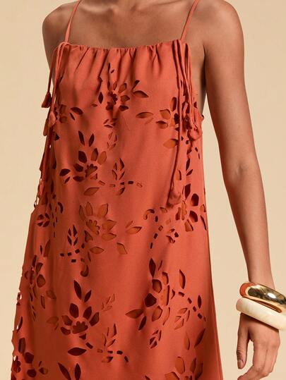 Travachic Solid Color Woven Dress For Women, Vacation Floral Applique Dress, Christmas Outfit, New Year Clothes, Thanksgiving, Chic Elegant Dress For Party, Luxury Wedding Guest Party Dress, Chic Beachwear,Summer Outfits For Women,Party Dress,Beach Outfit,Elegant Dresses For Women Summer Wedding Guest Dress Orange Sundress Cut Out Dress