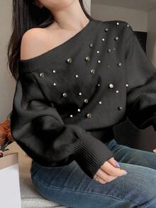 DAZY Maglione elegante lavorato a maglia con maniche lunghe, vita aderente, decorato con perle e perline, asimmetrico sulle spalle, adatto per l'autunno/inverno
