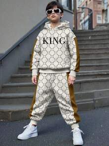 SHEIN 2 件 KING 青少年男孩休闲简约长袖连帽运动衫套装，适合秋冬季