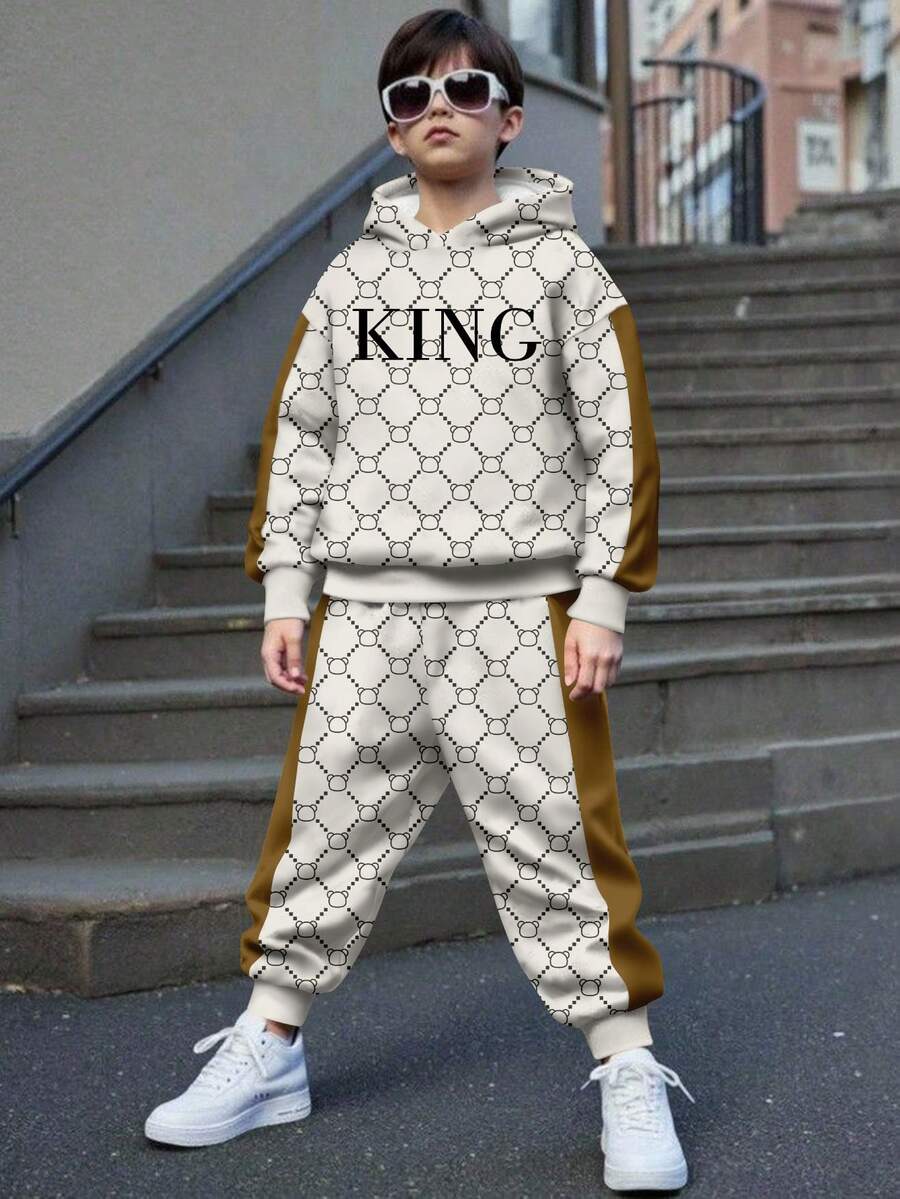 SHEIN 2 件 KING 青少年男孩休闲简约长袖连帽运动衫套装，适合秋冬季