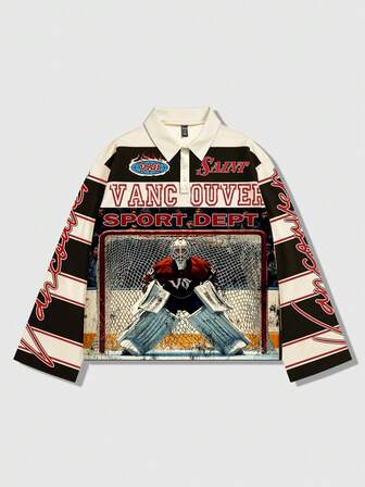 Street Life Men's Printed Long Sleeve Striped Polo Collar T-Shirt, Casual College Style Top