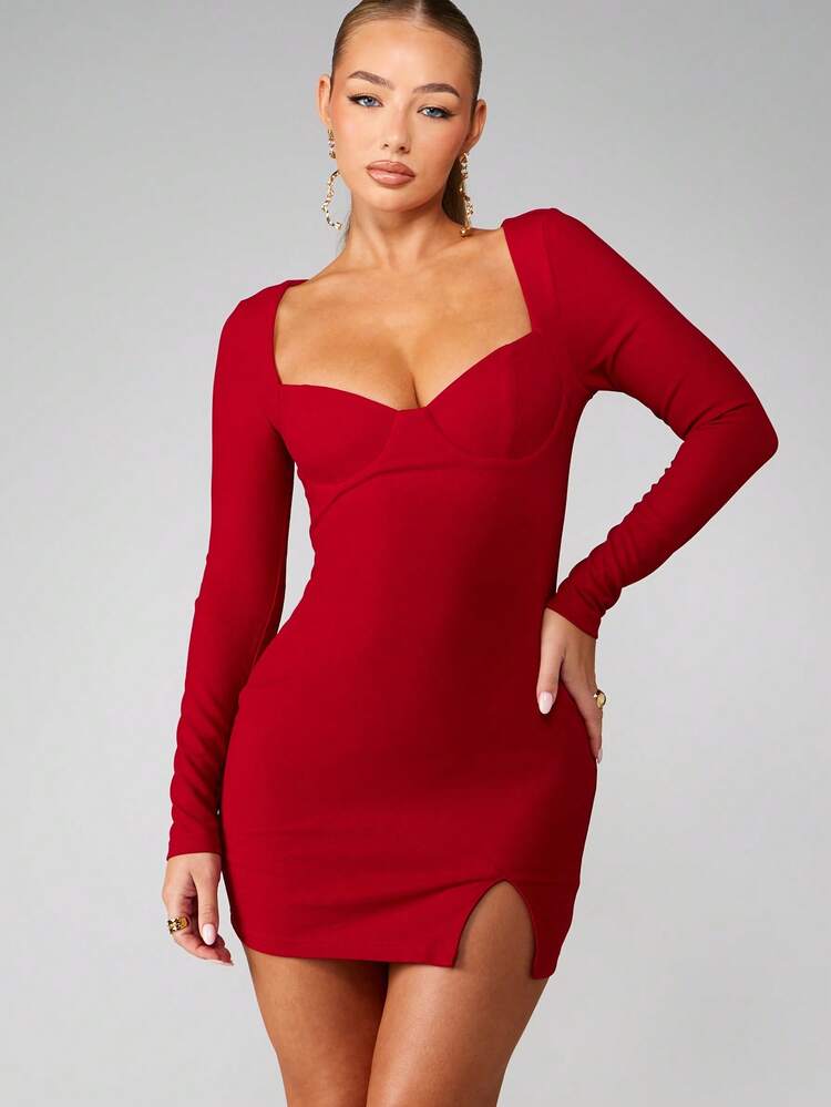 MISSGUIDED Long Sleeve Bodycon Mini Dress With Sweetheart Neckline And Side Slit For Evening Party