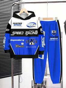 2pcs Tween Boy Casual Chic Racing Sports Graphic Print Hoodie And Sweatpants Set, Racing Driver Decor Print, Cool Text Print, Classic Checkered Flag Print, Comfortable For Autumn/Winter - Multicolor - View 2