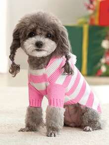 PETSIN 1pc Pink Stripe Cute Warm Thick Autumn/Winter Knitted Pet Hooded Sweater Christmas Style Striped Pet Thick Hooded Clothes - Pink - View 2