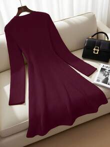 Franclia 女士时尚长袖套头针织连衣裙，百搭优雅，适合春秋季节 - 酒紅色 - 查看 2