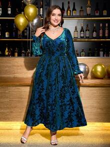 Gownix Váy maxi chữ A dài cổ trái tim dệt jacquard thanh lịch cho nữ cỡ lớn, váy dài tay, váy duyên dáng cho phụ nữ - màu xanh lá - Xem 7