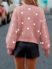 SHEIN LUNE 女式休闲宽松心形提花落肩长袖毛衣，秋冬 - 卡其色 - 查看 2