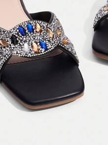 CUCCOO TILAWA Women's Rhinestone Embroidered Pointed Toe Flat Sandals, Outdoor Vacation Beach Slip-On Slippers, Suitable For Dates, Parties, Afternoon Tea, Black