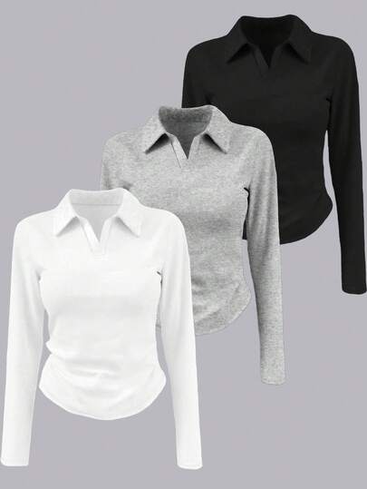 INAWLY Women's Solid Color Collared Long Sleeve Pleated Casual T-Shirt