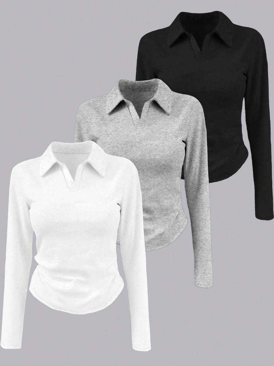 INAWLY 女士纯色长袖褶皱休闲T恤 - 黑色 - 查看 1