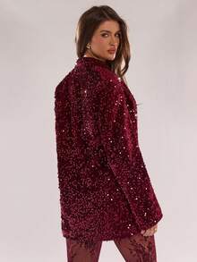 SHEIN BAE 女士时尚宽松亮片派对夹克 - 酒紅色 - 查看 2