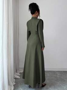 Elenzga Elegant Crossover Collar Cinched Waist A-Line Dress, Metallic Flower Decor, Commuting & Formal Wear, Autumn/Winter, Brown