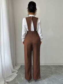 Elenzga Women's New Casual Wide Leg Jumpsuit, Black - Brown - View 2