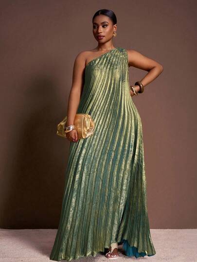 Veslaya 2025 Spring/Summer/Autumn New Elegant Party, Elegant Date, Graduation Season, Birthday Party, Dress, Gathering, Wedding Season, Banquet, Sexy, Loose Sleeveless One-Shoulder, Single-Side High Slit, Shiny Fabric, All-Over Pleated Plus Size Maxi Dress - A