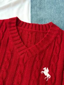 SHEIN Tween Girl Embroidered Twist Cable V-Neck Long Sleeve Pullover Sweater