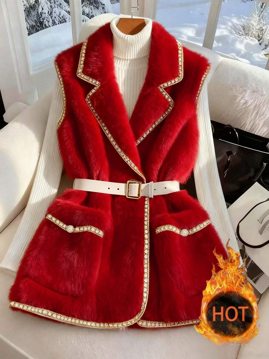 Franclia 新款秋冬时尚女士仿皮草背心 - 紅色 - 查看 1