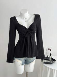 Elamini Women's Textured Jacquard Casual Versatile New Twist Knot Fitted V-Neck Long Sleeve T-Shirt, Autumn/Winter - Black - View 4