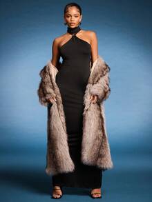 Normani 女士优雅性感金属扣装饰镂空修身黑色针织弹力连衣裙派对礼服 - 黑色 - 查看 2