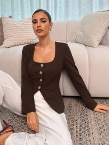 Lavishia Black Knit Square Neck Collar Long Sleeve Rose Gold Button Decor Fitted Women Shirt, Fashionable For Commuting - Coffee Brown - View 4