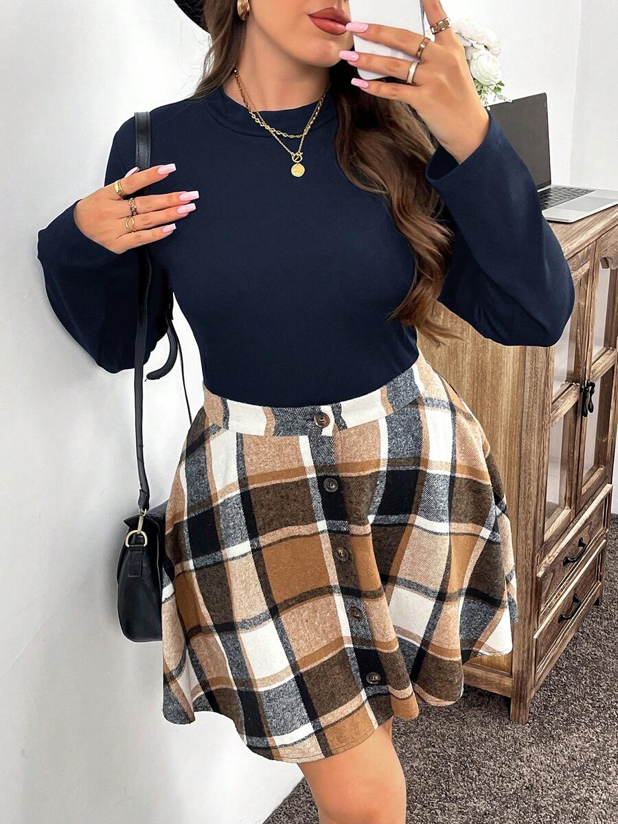 SHEIN LUNE 加大码纯色圆领长袖上衣和格子印花裙两件套优雅套装加大码秋季服装 - 寶藍色 - 查看 1