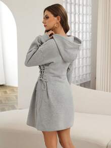 Modelyn Women's Winter Drawstring Hooded Sweatshirt Dress, Thermal Lined - Grey - View 3
