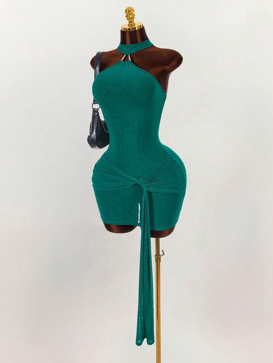 Amplova Elegantes blau-grünes Partykleid mit Neckholder und Taillendesign für Damen - Verschiedenfarbig - Übersicht 1