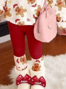 SHEIN Bộ đồ Happikins chủ đề Giáng sinh, hình người bánh gừng dễ thương và vui nhộn, họa tiết nơ, gồm áo nỉ dài tay cổ tròn và quần legging, thích hợp cho bé gái mặc hàng ngày vào mùa thu/đông, dịp năm mới, phong cách đường phố và các ngày lễ. - Nhiều màu - Xem 5