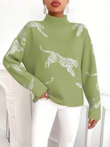 SHEIN Clasi Women's Leopard Pattern Stand Collar Long Sleeve Casual Loose Sweater, Autumn/Winter - Green - View 3