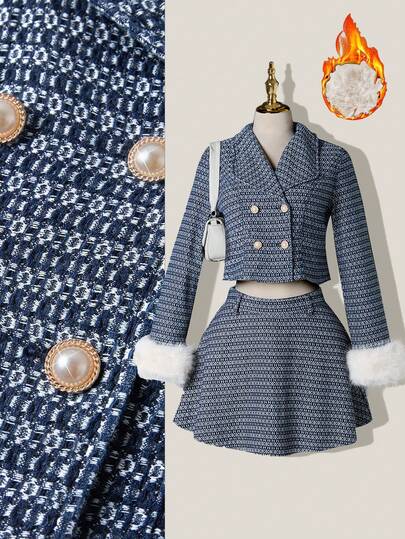 SHEIN MOD Women's Full Print Double-Breasted Faux Fur Patchwork Long Sleeve Jacket And Denim Skirt Fashion Set French Style Clothes Blue Tweed Set Tweed Two Piece Set Elegant  Tweed Look Denim Set With Faux Fur Trim Double Breasted Cropped Jacket And Skirt Winter Clothes For Women Setup Autumn Winter Women Christmas Clothes New Year Clothes Elegant Party Sets  Elegant Women's Set Elegant Dress Women